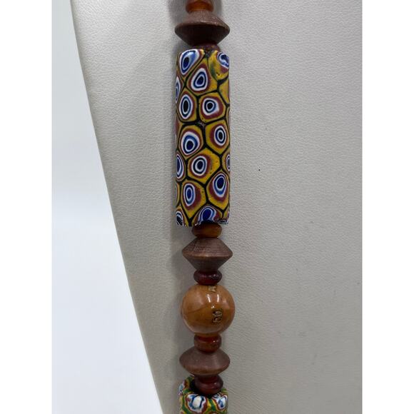 Sterling Silver Millefiori African Trade Bead Yellow Bakelite Amber Necklace - Picture 10 of 14